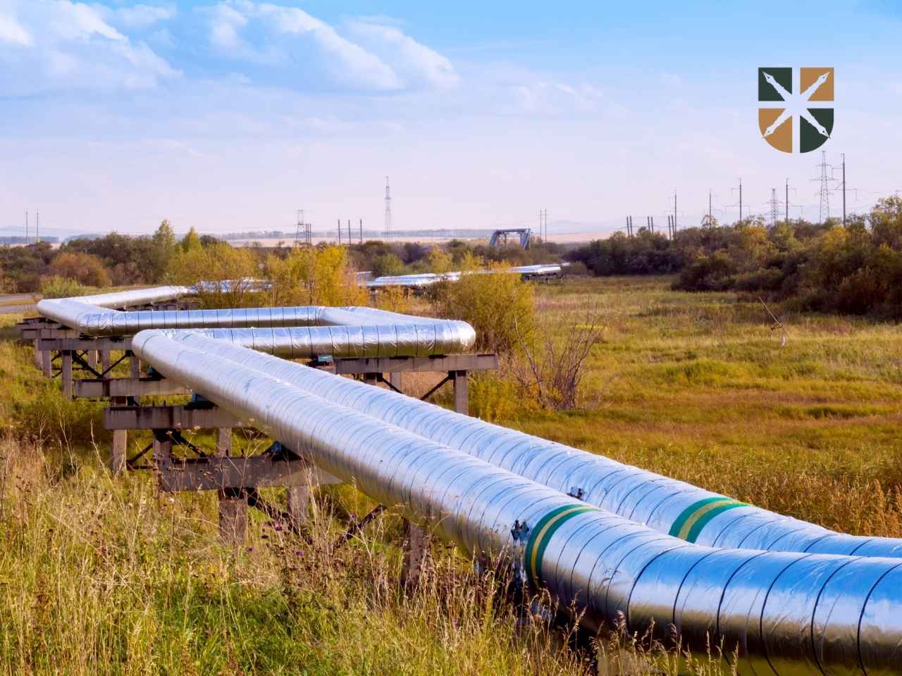 Naziemny rurociąg biegnący przez zielone tereny z widoczną infrastrukturą energetyczną w tle.