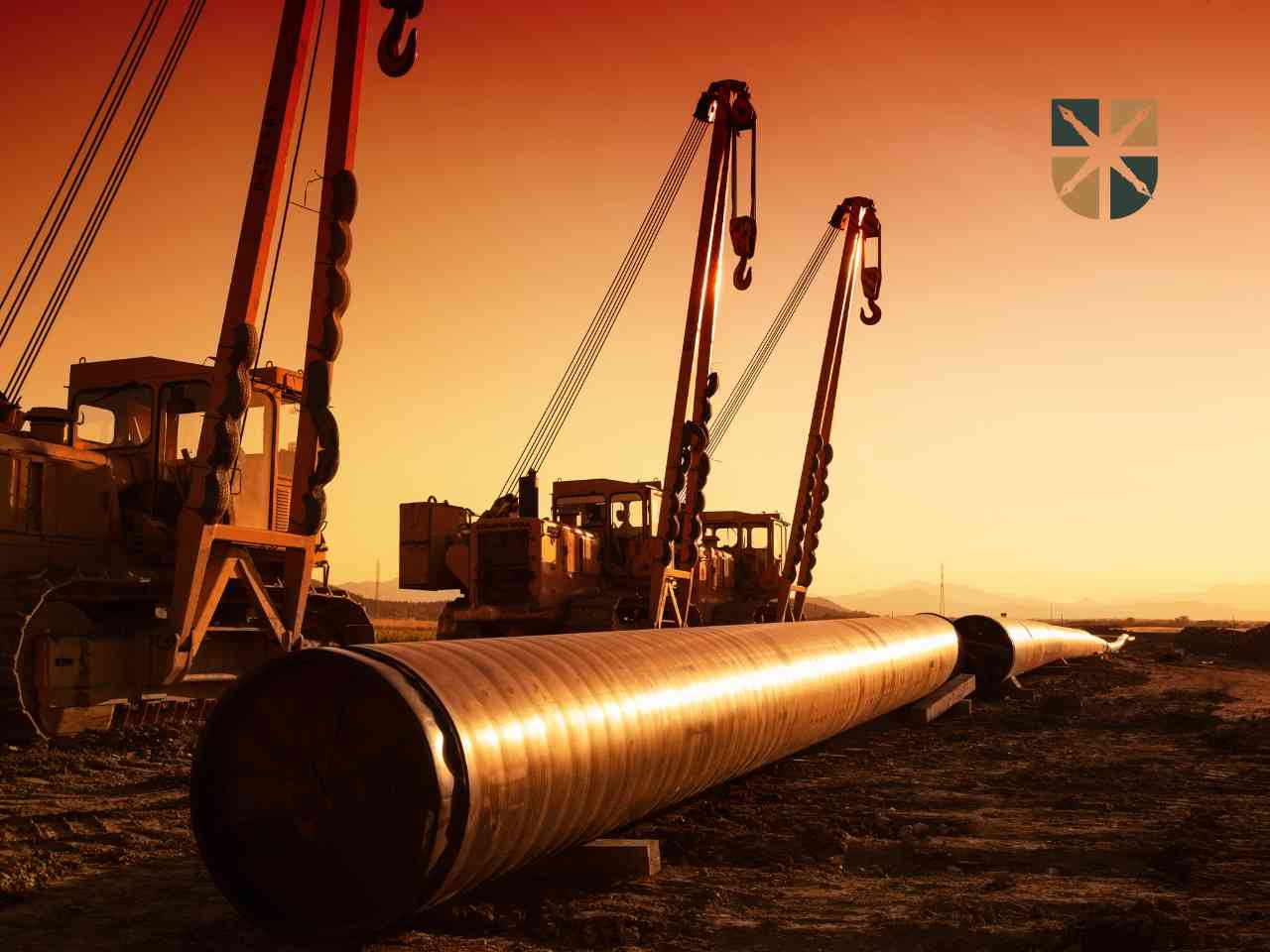 Maszyny budowlane układające stalowe rury ropociągu na terenie inwestycji – ilustracja budowy urządzeń przesyłowych.