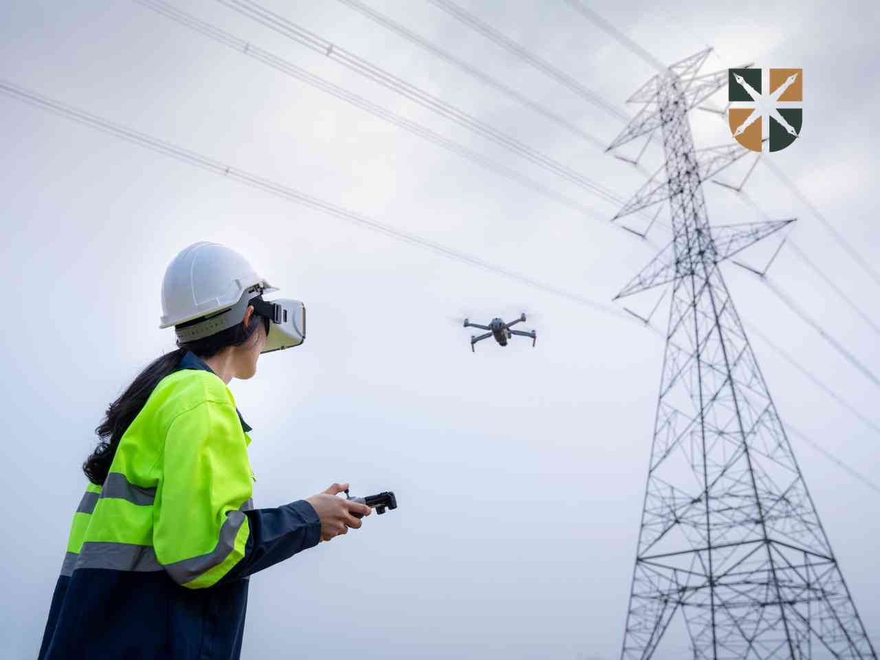 dron-z-kamerą-nad-słupem Inżynier w kasku i okularach VR steruje dronem pod linią wysokiego napięcia, sprawdzając infrastrukturę.
