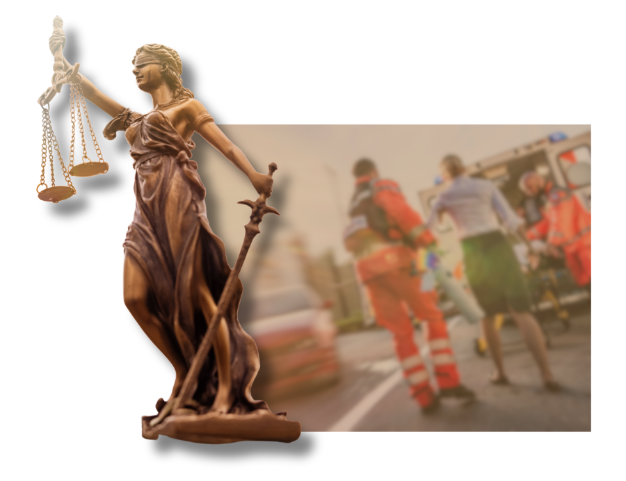 Figura Temidy symbolizująca prawo, za nią niewyraźna scena udzielania pomocy po wypadku drogowym