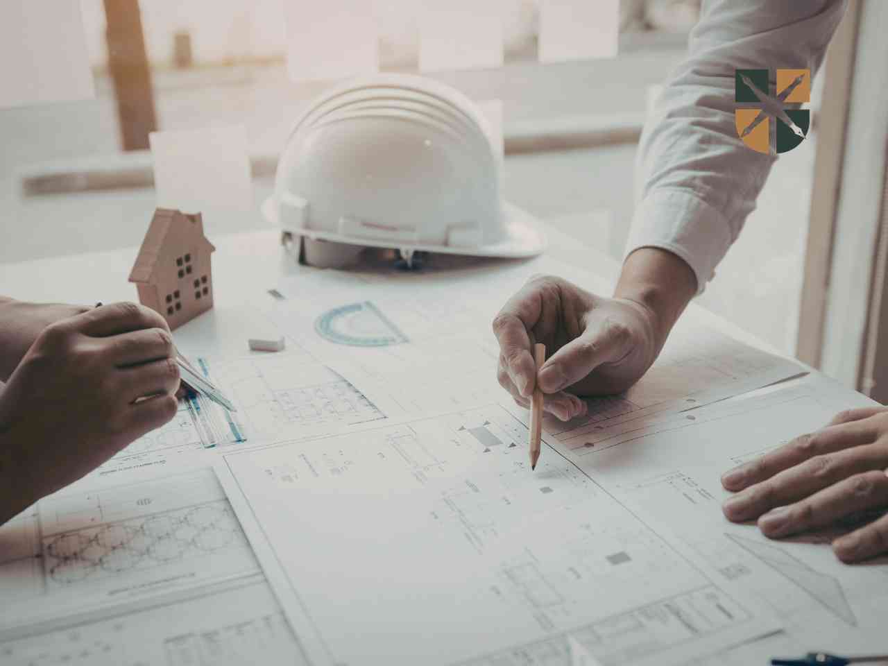 Ręka inżyniera wskazuje punkt na planach technicznych nowej stacji elektroenergetycznej, obok leży biały kask.