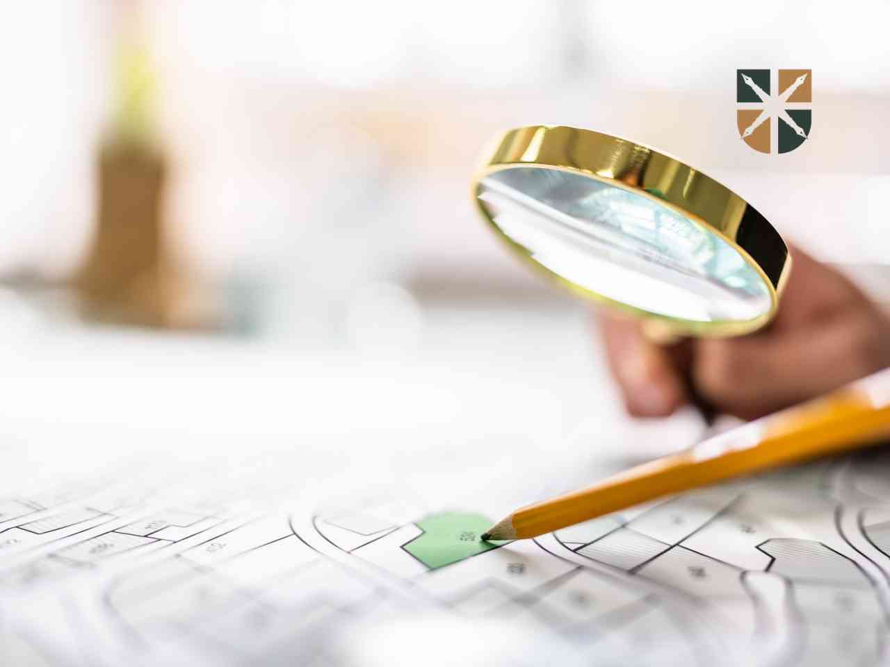 Ręka trzymająca lupę nad mapą geodezyjną działki w poszukiwaniu przebiegu podziemnego ropociągu.