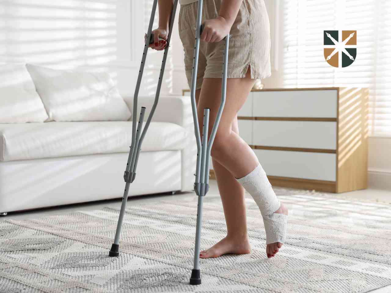 Osoba z zabandażowaną kostką porusza się o kulach po salonie – ilustracja trwałego uszczerbku na zdrowiu.