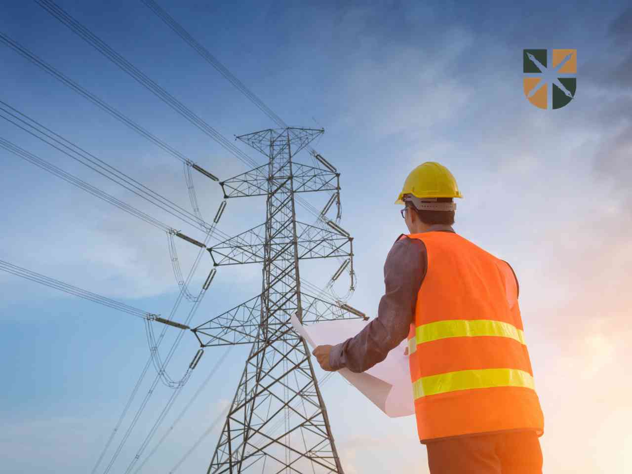 Inżynier w kasku analizuje projekt budowy stacji elektroenergetycznej Wypędy na tle słupa wysokiego napięcia.