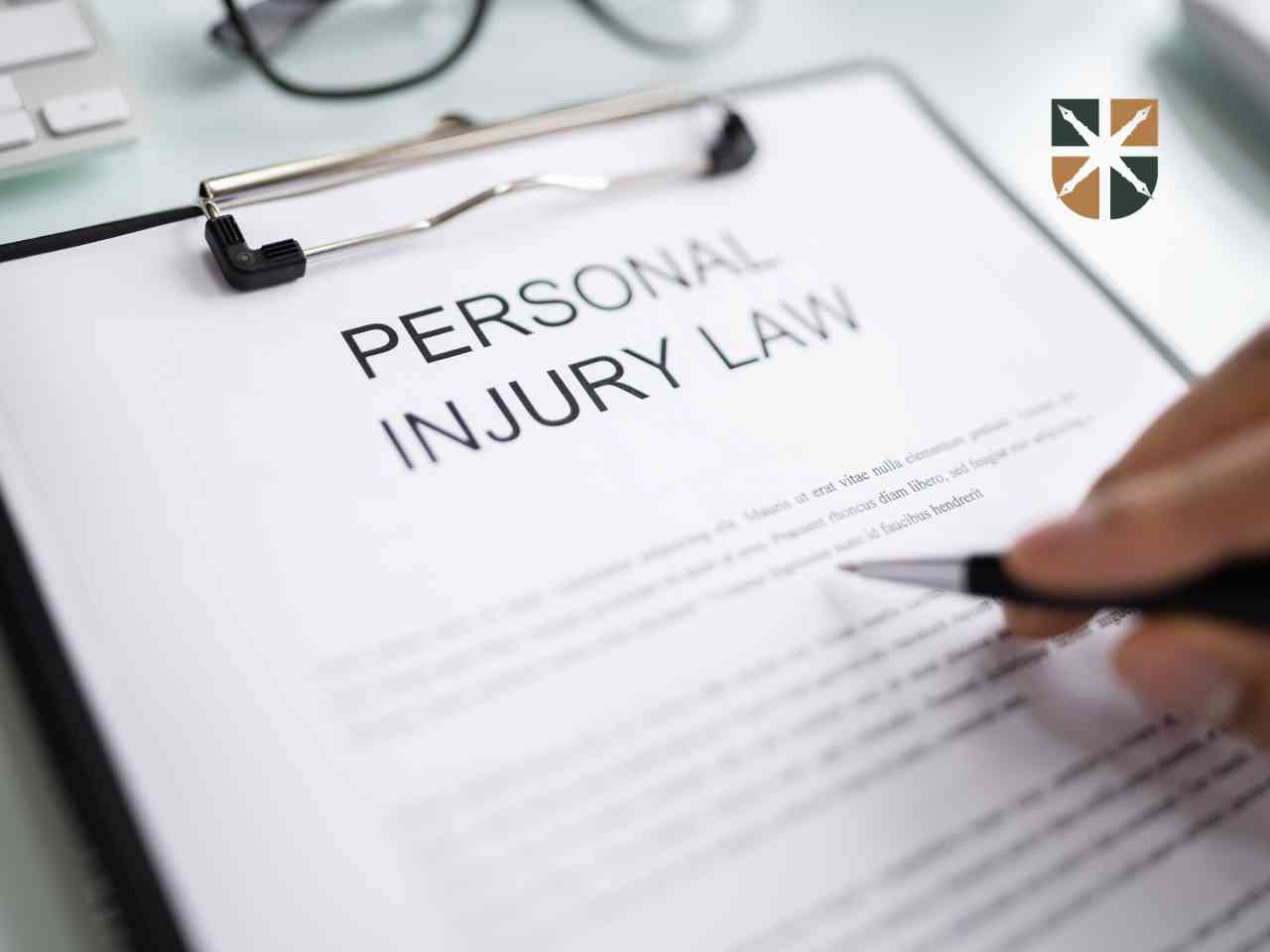 Dłoń trzymająca pióro nad dokumentem z nagłówkiem Personal Injury Law – gromadzenie dokumentacji powypadkowej.