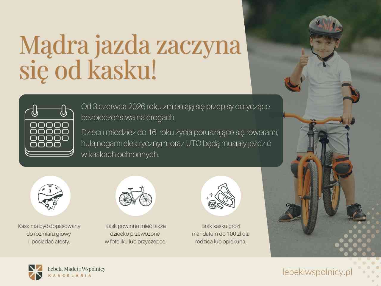 Infografika: od 3 czerwca 2026 roku kaski są obowiązkowe dla dzieci do 16 lat.