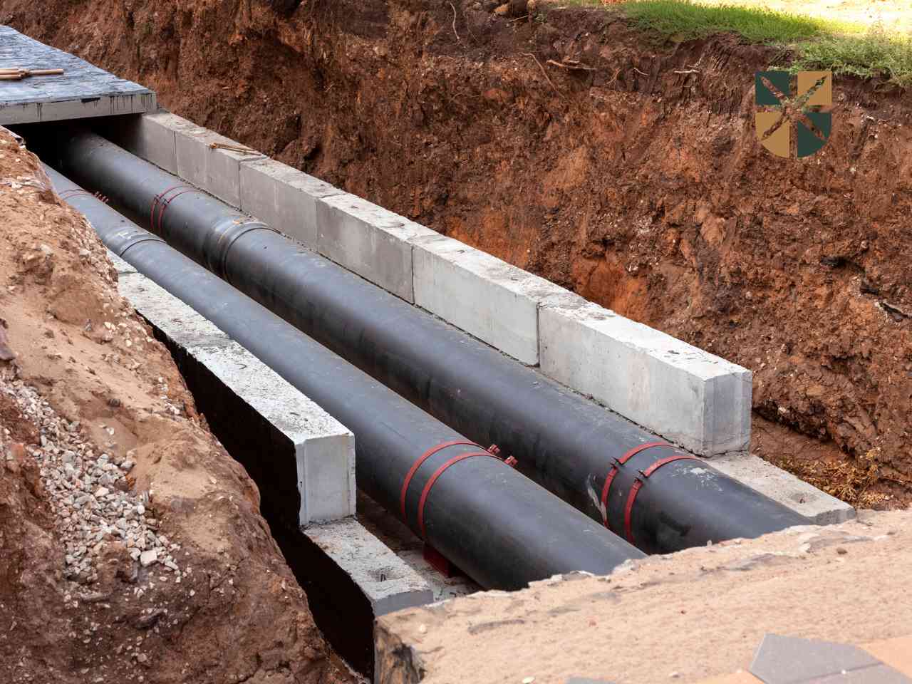 Dwa czarne rurociągi w betonowej obudowie biegną w głębokim wykopie ziemnym.