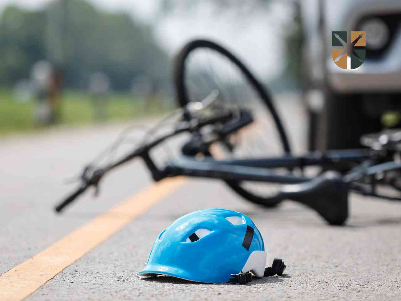 Niebieski kask rowerowy leżący na asfalcie obok przewróconego roweru – ilustracja wypadku w drodze do pracy.