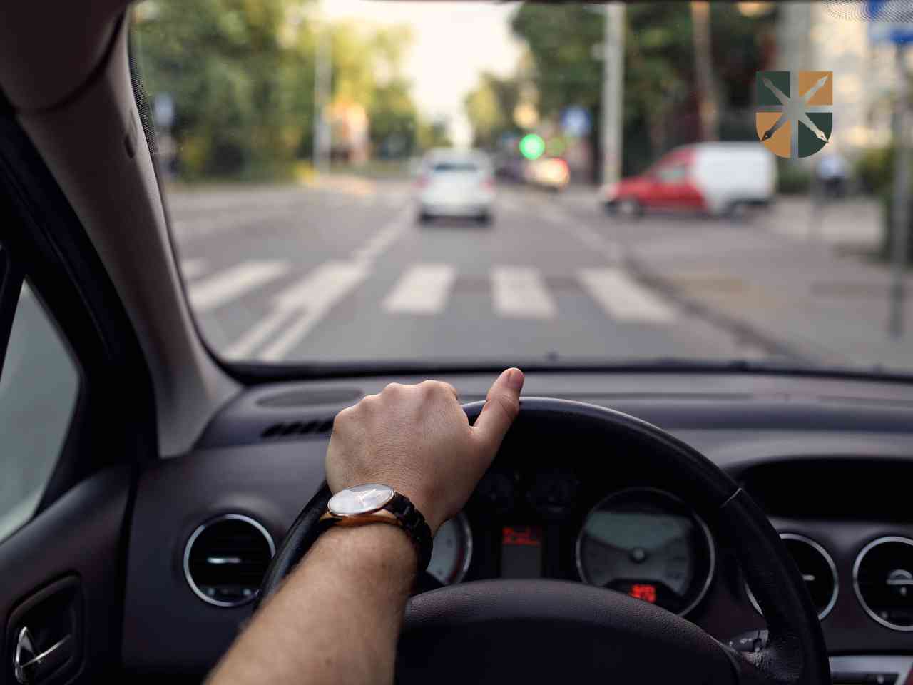 auto-zblizajace-sie-do-przejscia Kierowca trzymający kierownicę samochodu i zbliżający się do przejścia dla pieszych na miejskiej drodze.