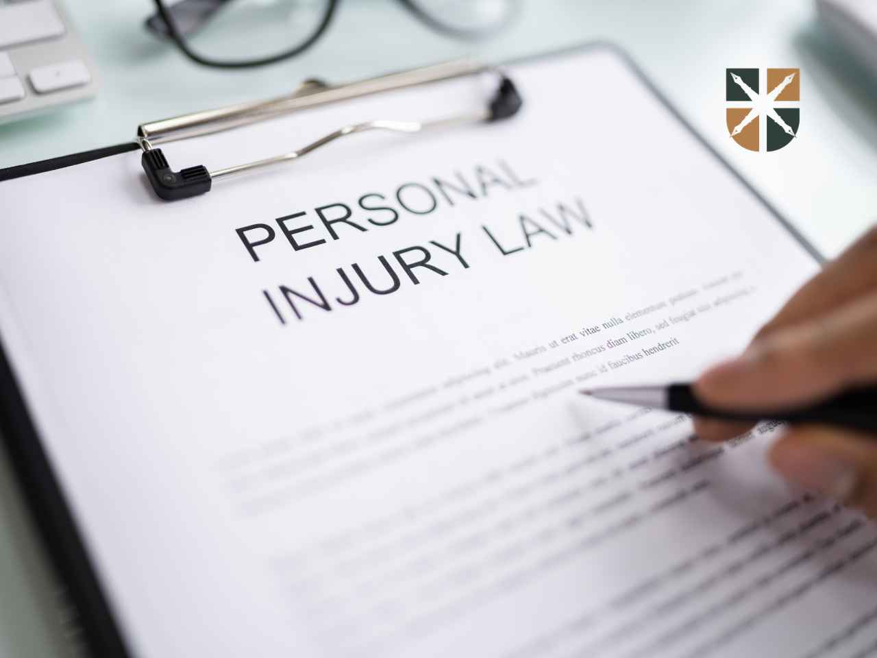 Ręka trzymająca pióro nad dokumentem z nagłówkiem „PERSONAL INJURY LAW”, gotowa do podpisania.