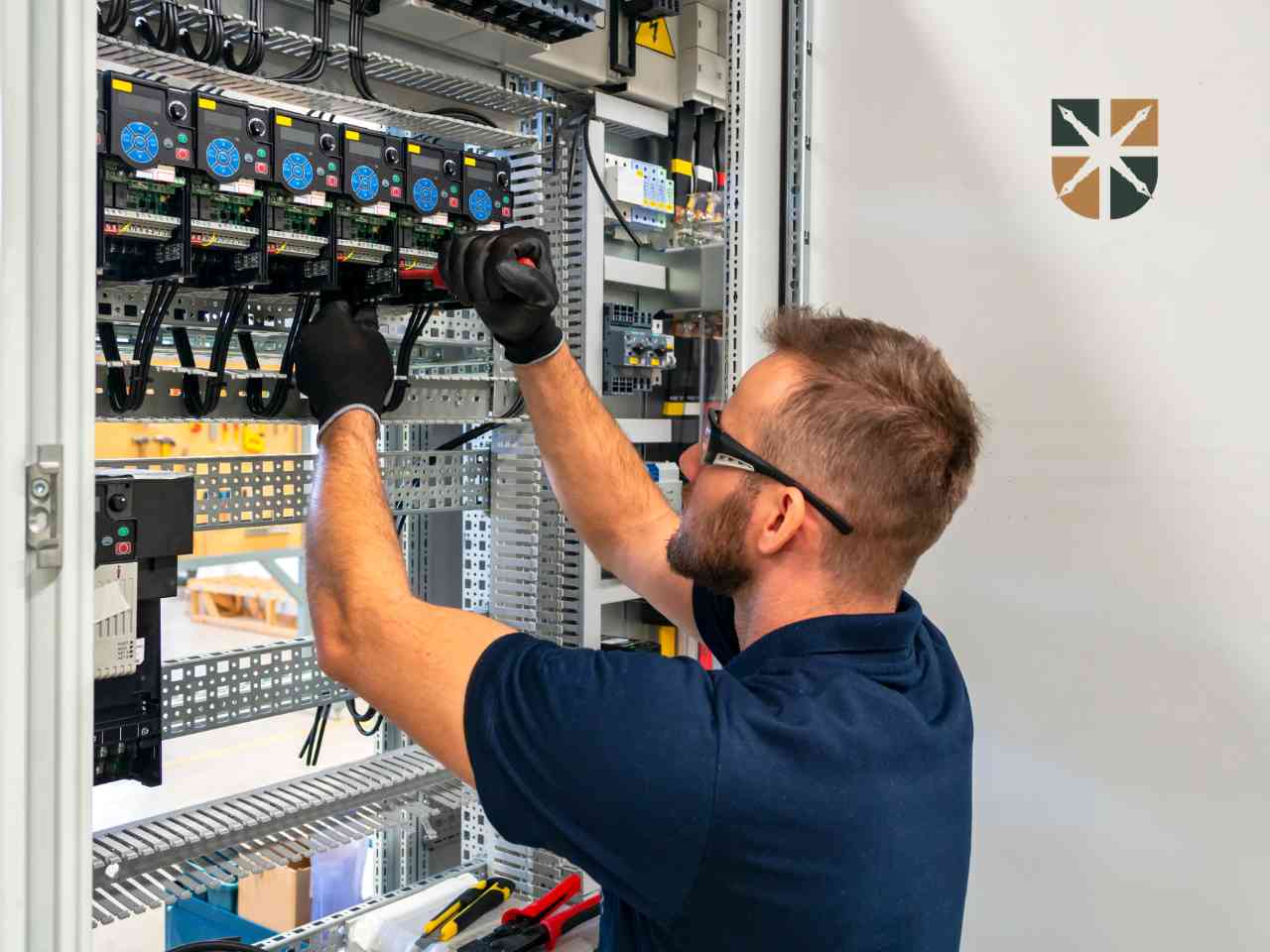 spec-od-kabli Elektryk w rękawicach montuje okablowanie w szafie sterowniczej – budowa infrastruktury przesyłowej na działce.