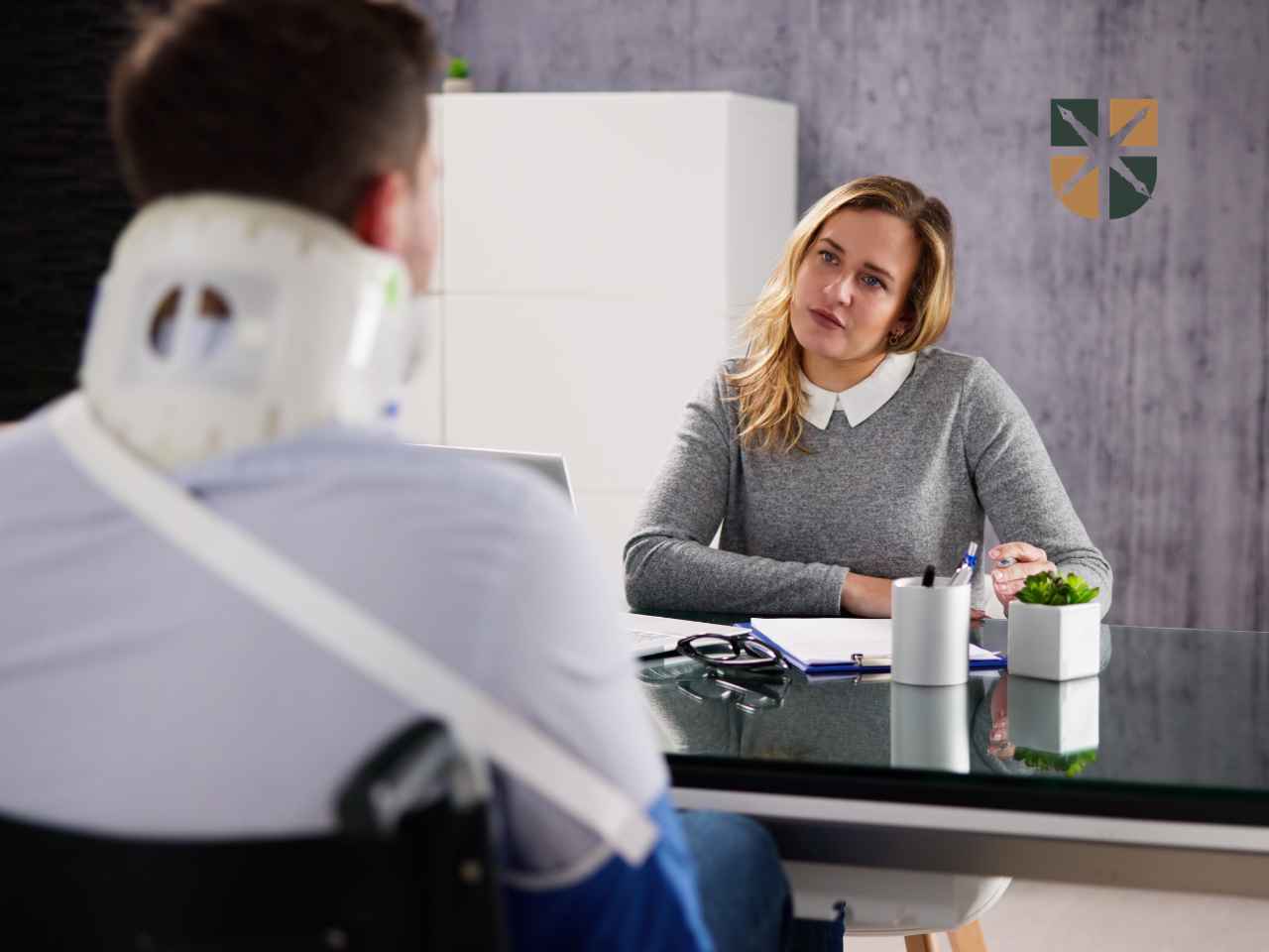 Prawniczka rozmawia przy biurku z poszkodowanym mężczyzną w ortopedycznym kołnierzu szyjnym.