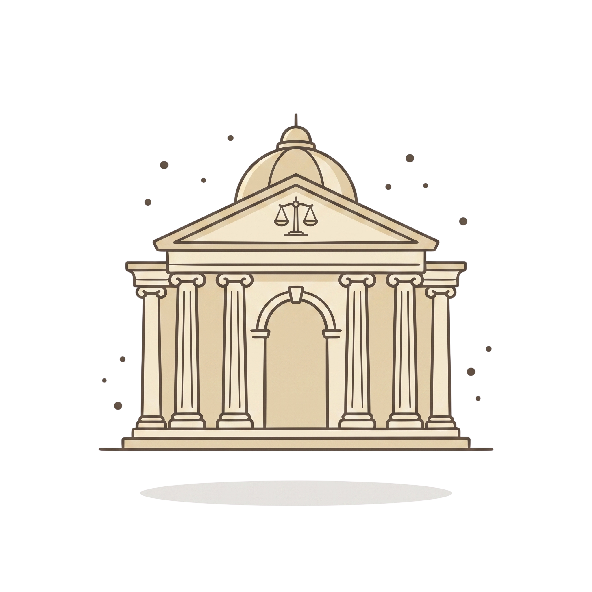 Illustration of a courthouse with a domed roof and columns, featuring the scales of justice on the pediment.