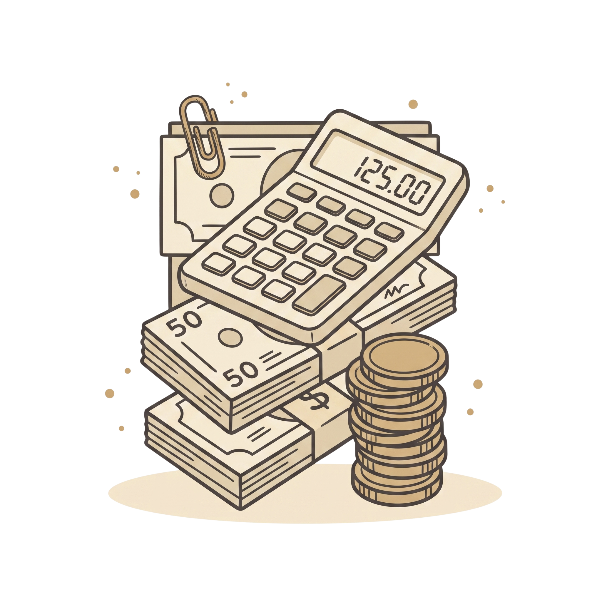 Stack of beige paper money with coins, an illustration of cash and coins scattered around on a light backdrop.