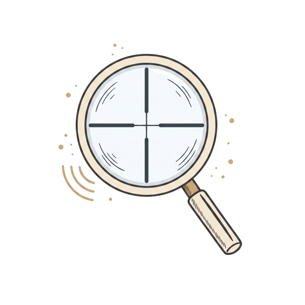 Partial illustration of a magnifying glass with a beige frame and handle in the lower-right, dominating the image area.