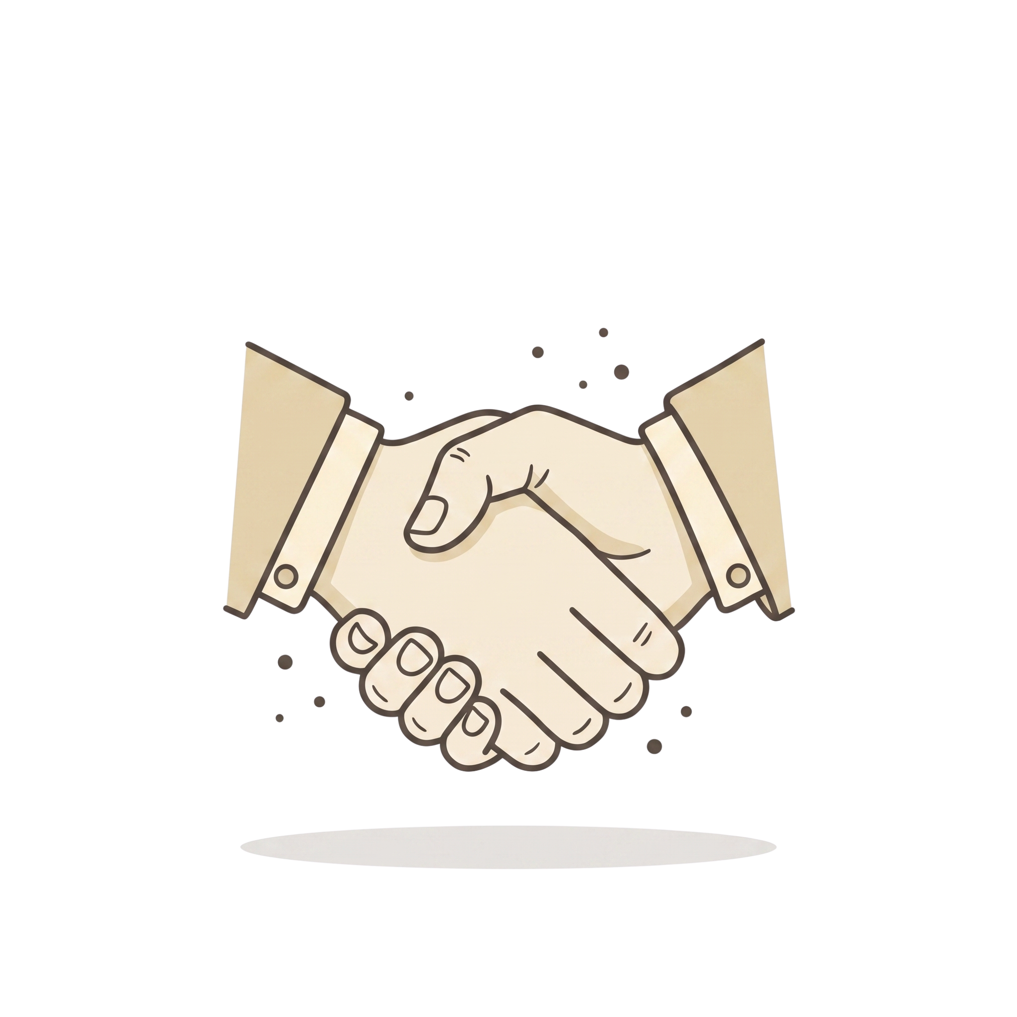 Cartoon handshake holding a rolled certificate, symbolizing agreement, above a white oval platform with scattered dots around.