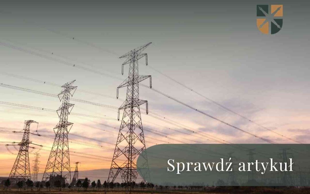Baner z tekstem "Sprawdź artykuł" na tle słupów energetycznych i nieba o zmierzchu, zachęcający do przeczytania tekstu o małym wywłaszczeniu.