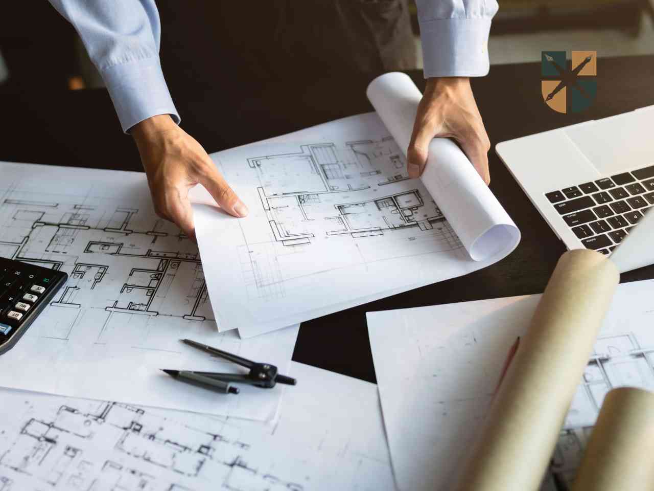 Inżynier rozwijający plany architektoniczne i rzuty budynków na biurku obok laptopa oraz kalkulatora.