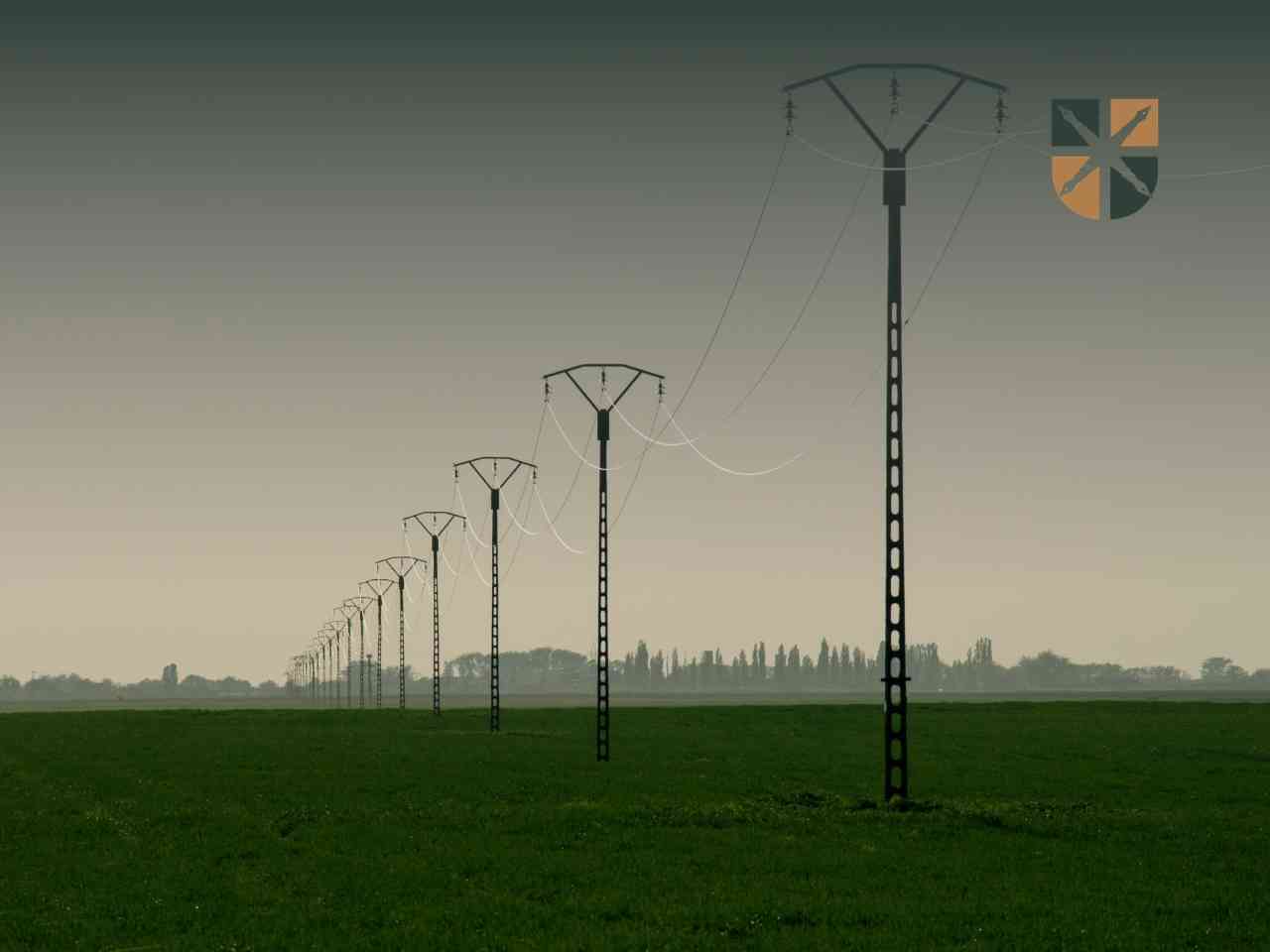 siec-na-polu Słupy i linia energetyczna biegnące przez zielone pole uprawne – bezumowne korzystanie z gruntu.