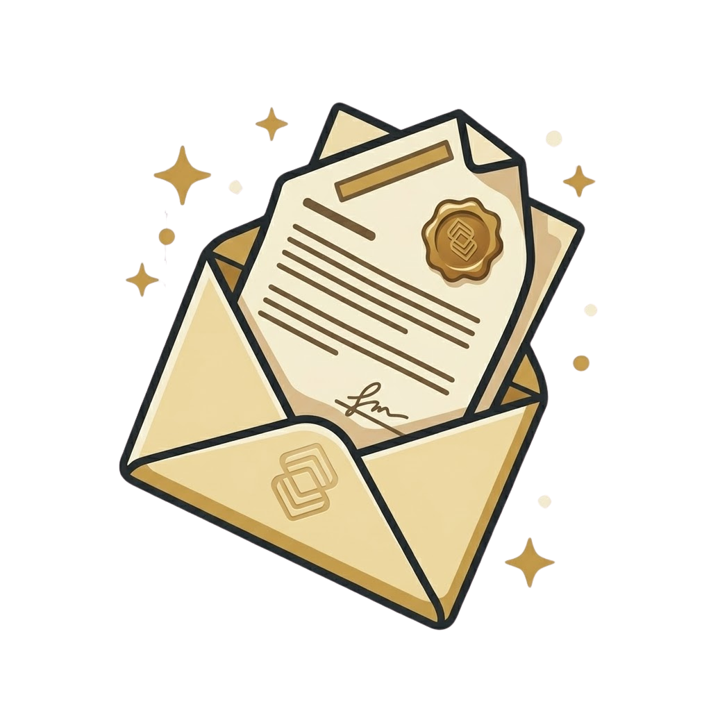 Golden envelope opening to reveal a letter with a wax seal and decorative sparkles around it, celebratory vibe.