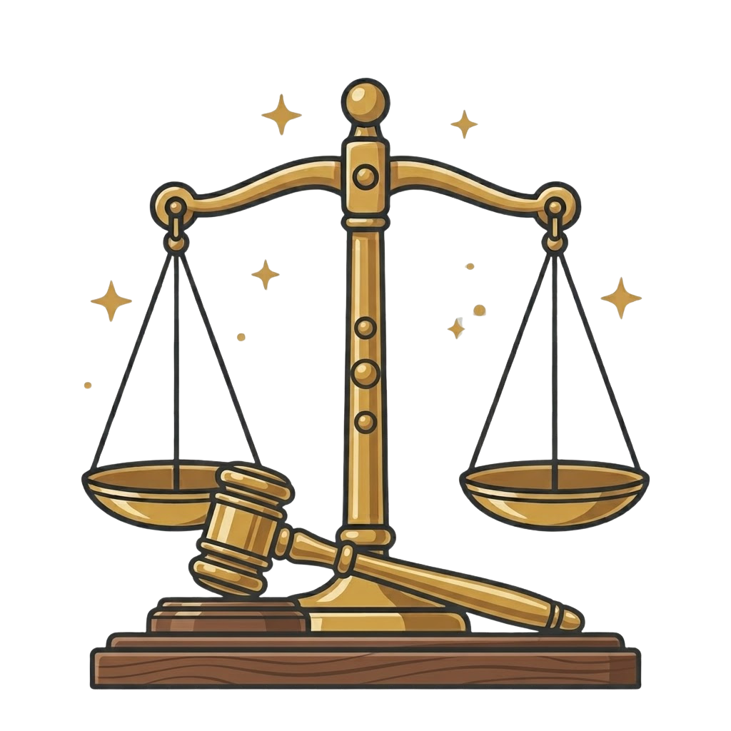 Golden scales of justice with a wooden gavel on a stone or wooden base, symbolizing fairness and law.