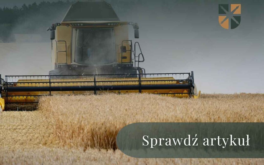 Zbożowy kombajn rolniczy ścinający dojrzałe zboże, na obrazie znajduje się nakładka z tekstem „Sprawdź artykuł”.