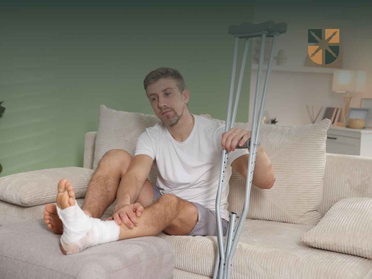 Mężczyzna siedzi na kanapie z nogą w gipsie, trzymając kule ortopedyczne i patrząc na bandaż. W rogu logo kancelarii.