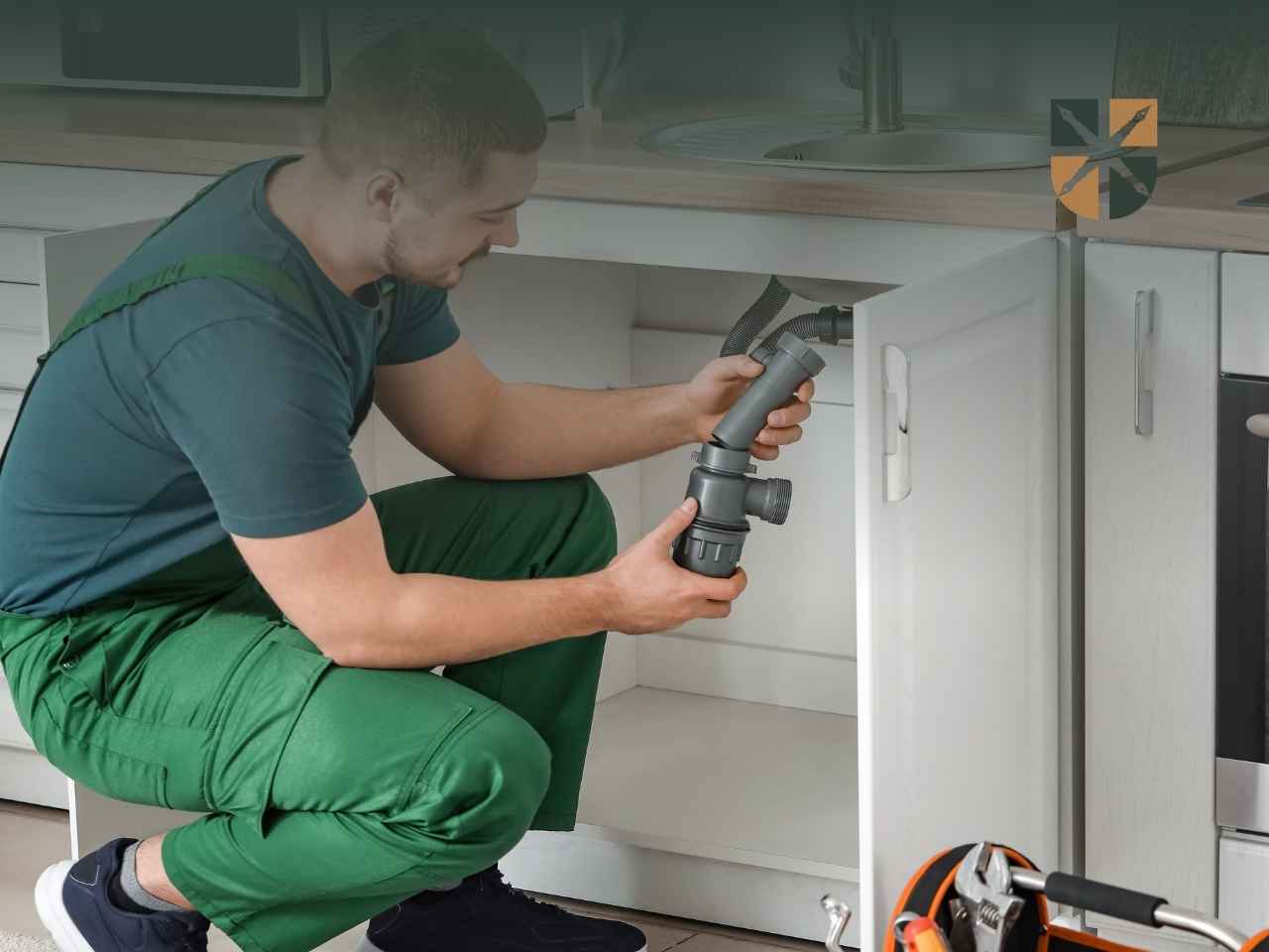 Hydraulik montuje syfon pod zlewozmywakiem w ramach naprawy z ubezpieczenia domowego assistance.