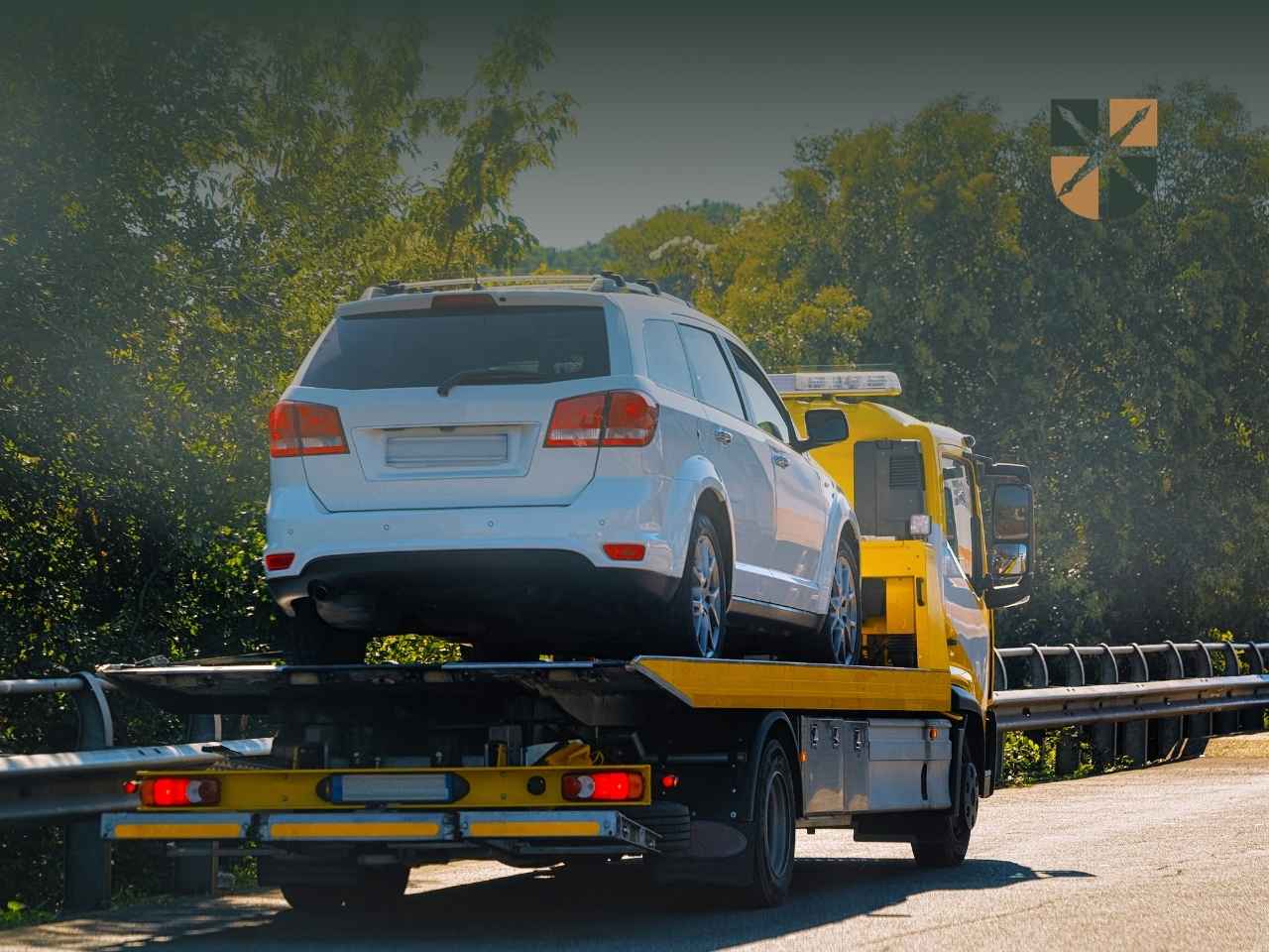 Biały SUV przewożony na żółtej lawecie drogowej jako ilustracja usługi assistance.
