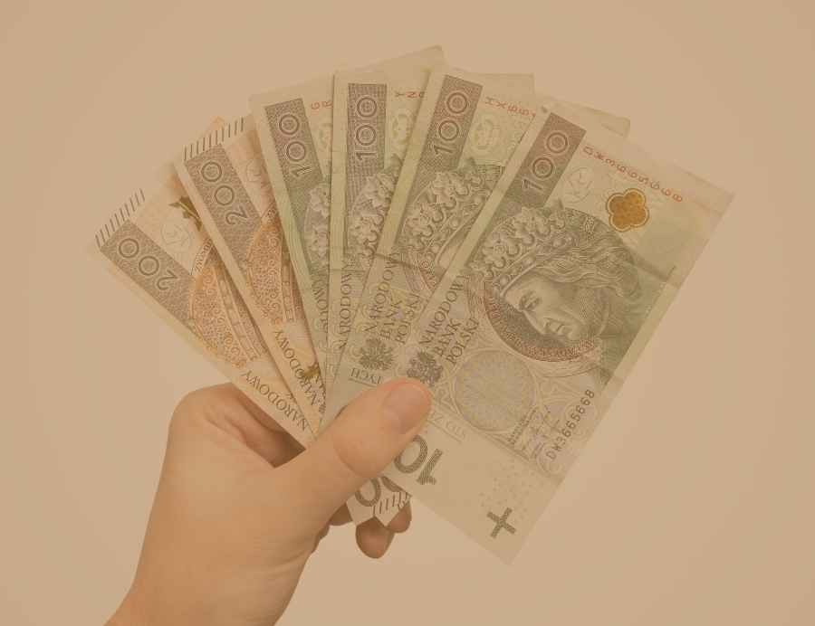 Dłoń trzymająca plik banknotów 100 zł i 200 zł.