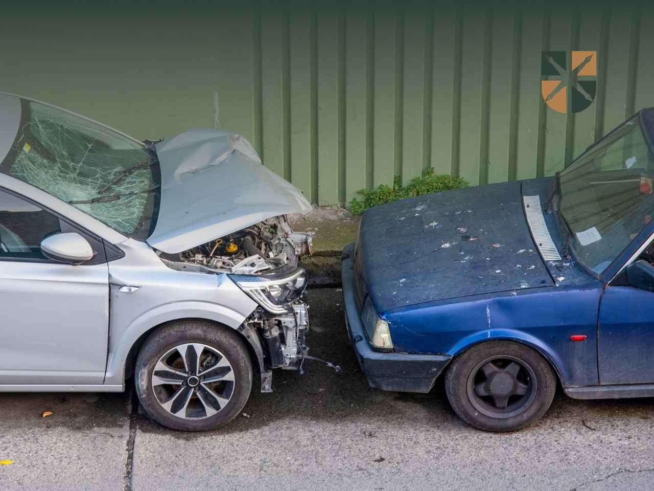 Skutki zderzenia czołowego dwóch samochodów osobowych z widocznymi uszkodzeniami masek.