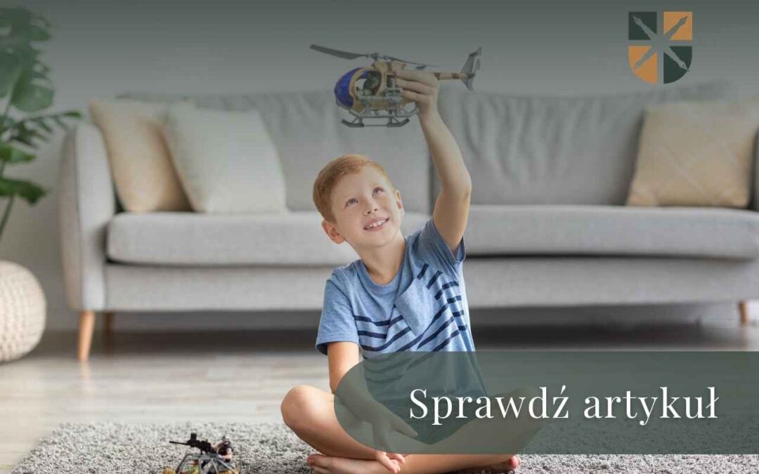 Chłopiec bawiący się helikopterem na dywanie – grafika promująca artykuł o ustalaniu miejsca zamieszkania dziecka przez sąd.