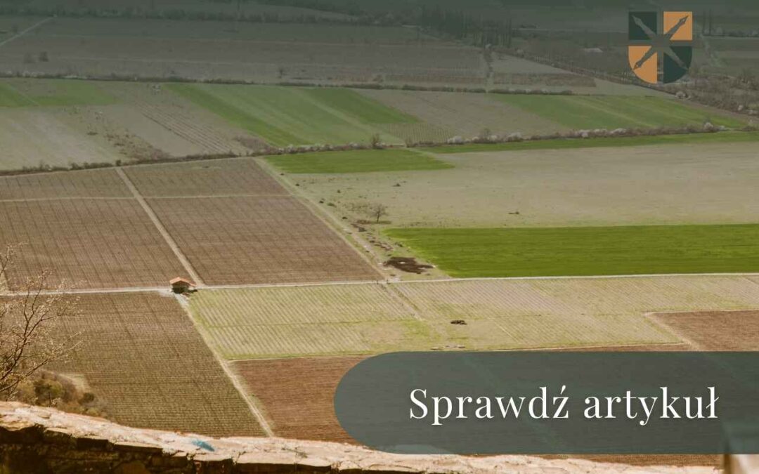 Panorama podzielonych działek rolnych z banerem Zachęcającym do sprawdzenia artykułu o planie ogólnym.